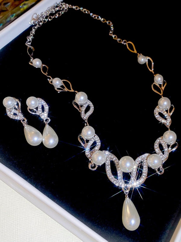 Teardrop Pendant Necklace and Pearl Stud Earrings Set for Women