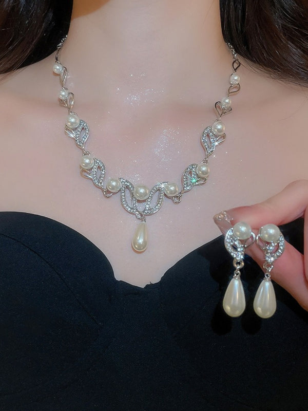 Teardrop Pendant Necklace and Pearl Stud Earrings Set for Women