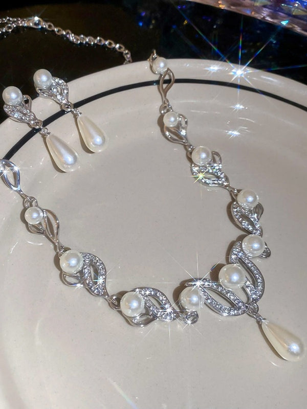 Teardrop Pendant Necklace and Pearl Stud Earrings Set for Women