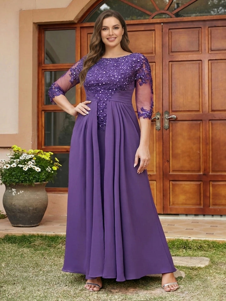 A-Line/Princess Long Plus Size Evening Dresses with Lace Appliques &amp; Half Sleeves