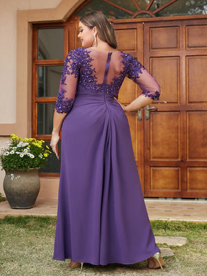 A-Line/Princess Long Plus Size Evening Dresses with Lace Appliques & Half Sleeves