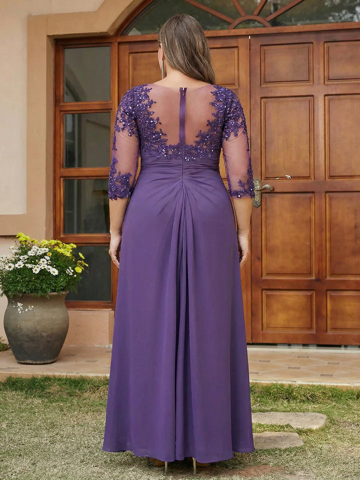 A-Line/Princess Long Plus Size Evening Dresses with Lace Appliques &amp; Half Sleeves