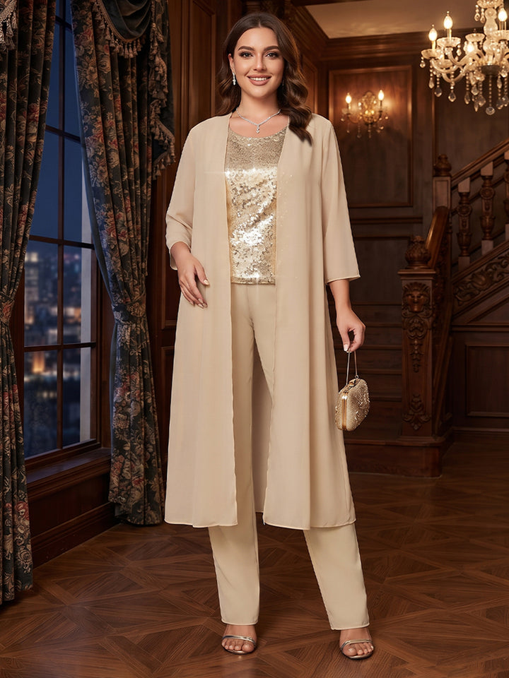 Chiffon Scoop 3/4 Sleeves 3 Pieces Plus Size Pantsuits with Sequins &amp; Jacket