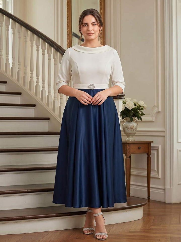 A-Line/Princess High Neck Half Sleeves Plus Size Mother of the Bride Dresses with Rhinestones