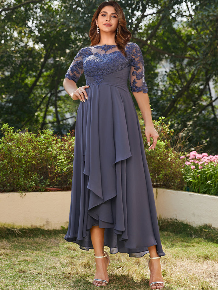 A-Line/Princess Sheer Neck Half Sleeves Long Plus Size Evening Dresses with Appliques