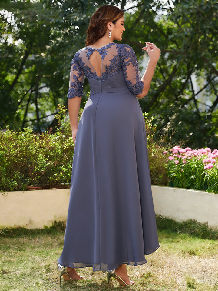 A-Line/Princess Sheer Neck Half Sleeves Long Plus Size Evening Dresses with Appliques