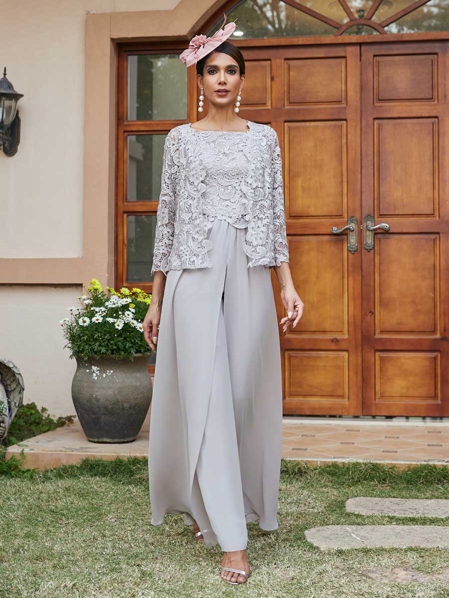 Lace Chiffon Square Neck 3/4 Sleeves 3 Pieces Pantsuits with Appliques &amp; Jacket
