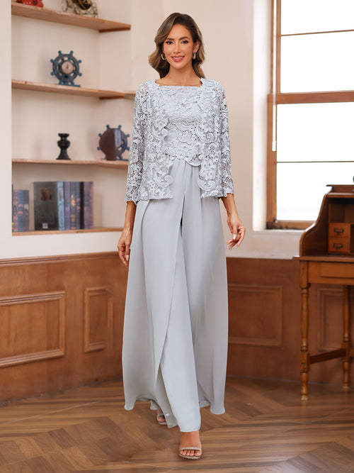Lace Chiffon Square Neck 3/4 Sleeves 3 Pieces Pantsuits with Appliques & Jacket