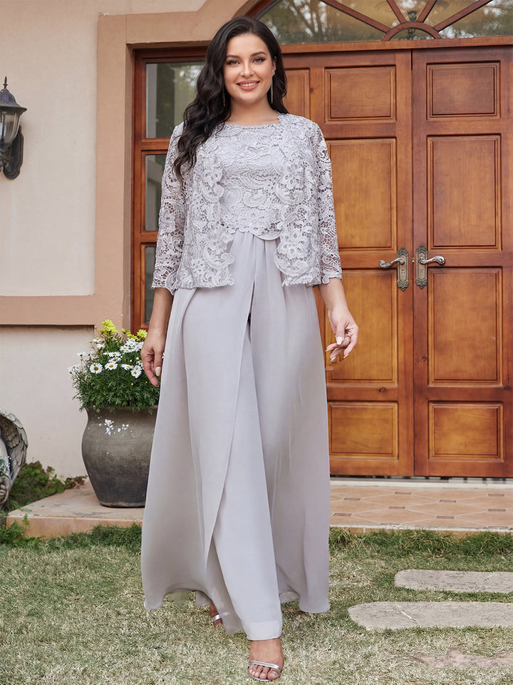 Lace Chiffon Square Neck 3/4 Sleeves 3 Pieces Plus Size Pantsuits with Appliques &amp; Jacket