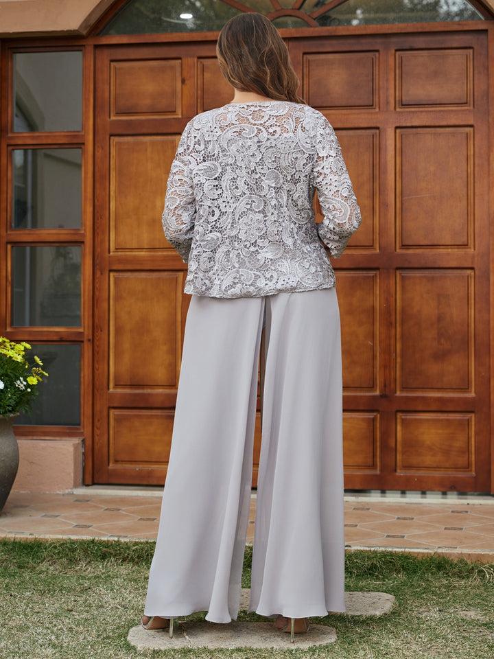 Lace Chiffon Square Neck 3/4 Sleeves 3 Pieces Plus Size Pantsuits with Appliques &amp; Jacket