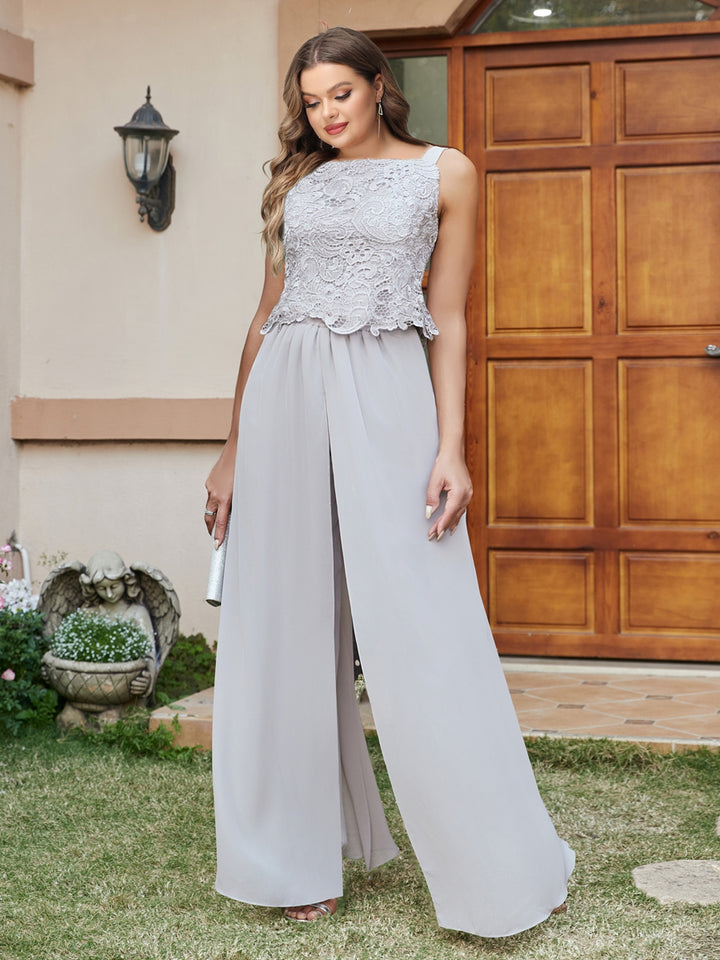 Lace Chiffon Square Neck 3/4 Sleeves 3 Pieces Plus Size Pantsuits with Appliques &amp; Jacket