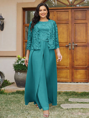 Lace Chiffon Square Neck 3/4 Sleeves 3 Pieces Plus Size Pantsuits with Appliques & Jacket