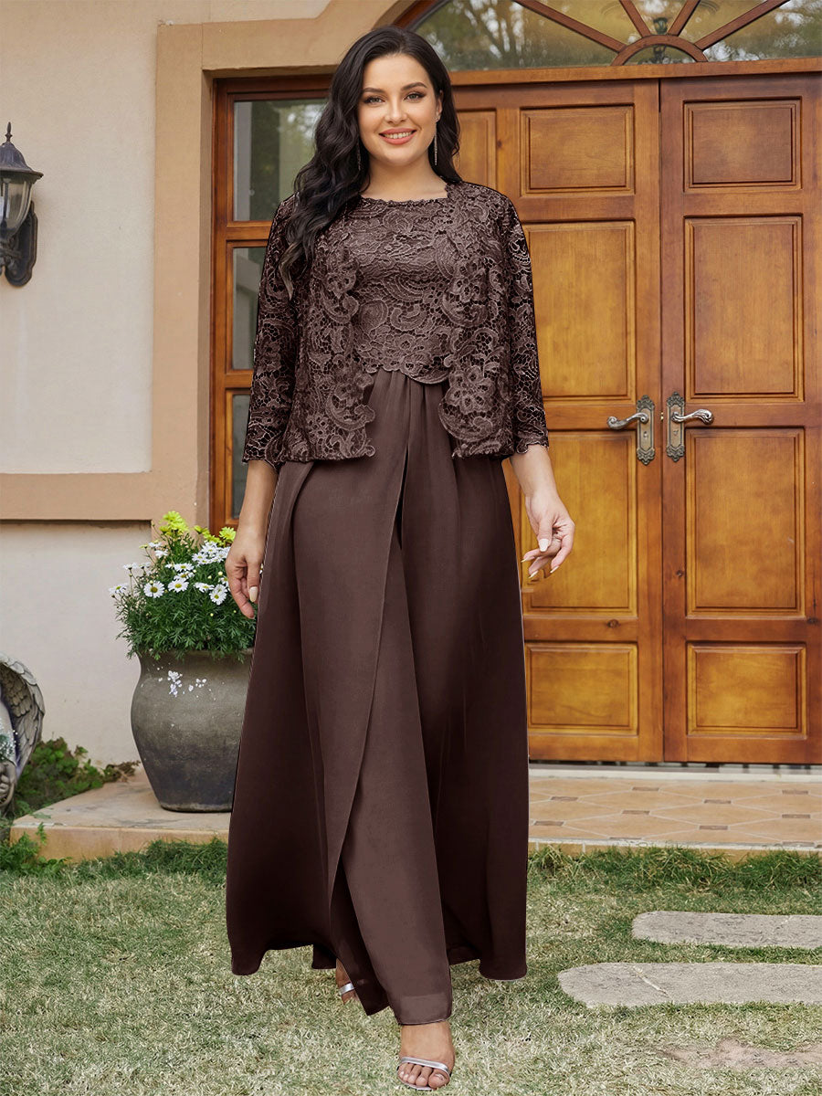 Lace Chiffon Square Neck 3/4 Sleeves 3 Pieces Plus Size Pantsuits with Appliques & Jacket