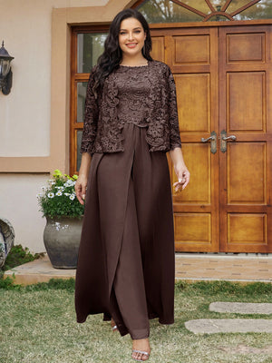 Lace Chiffon Square Neck 3/4 Sleeves 3 Pieces Plus Size Pantsuits with Appliques & Jacket