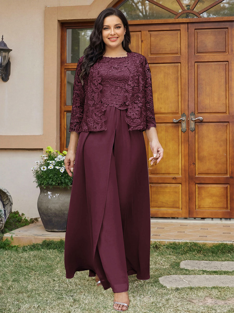 Lace Chiffon Square Neck 3/4 Sleeves 3 Pieces Plus Size Pantsuits with Appliques &amp; Jacket