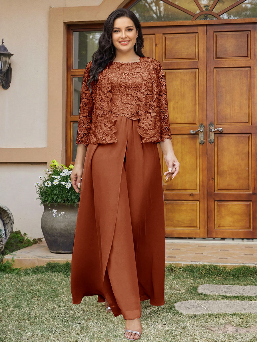 Lace Chiffon Square Neck 3/4 Sleeves 3 Pieces Plus Size Pantsuits with Appliques & Jacket