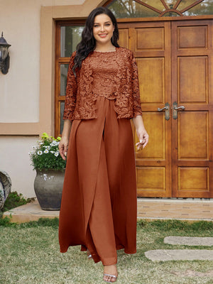 Lace Chiffon Square Neck 3/4 Sleeves 3 Pieces Plus Size Pantsuits with Appliques & Jacket