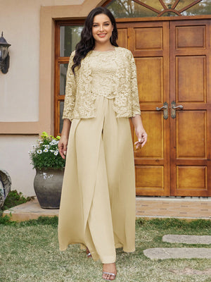 Lace Chiffon Square Neck 3/4 Sleeves 3 Pieces Plus Size Pantsuits with Appliques & Jacket