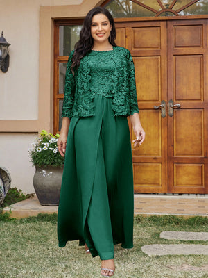 Lace Chiffon Square Neck 3/4 Sleeves 3 Pieces Plus Size Pantsuits with Appliques & Jacket