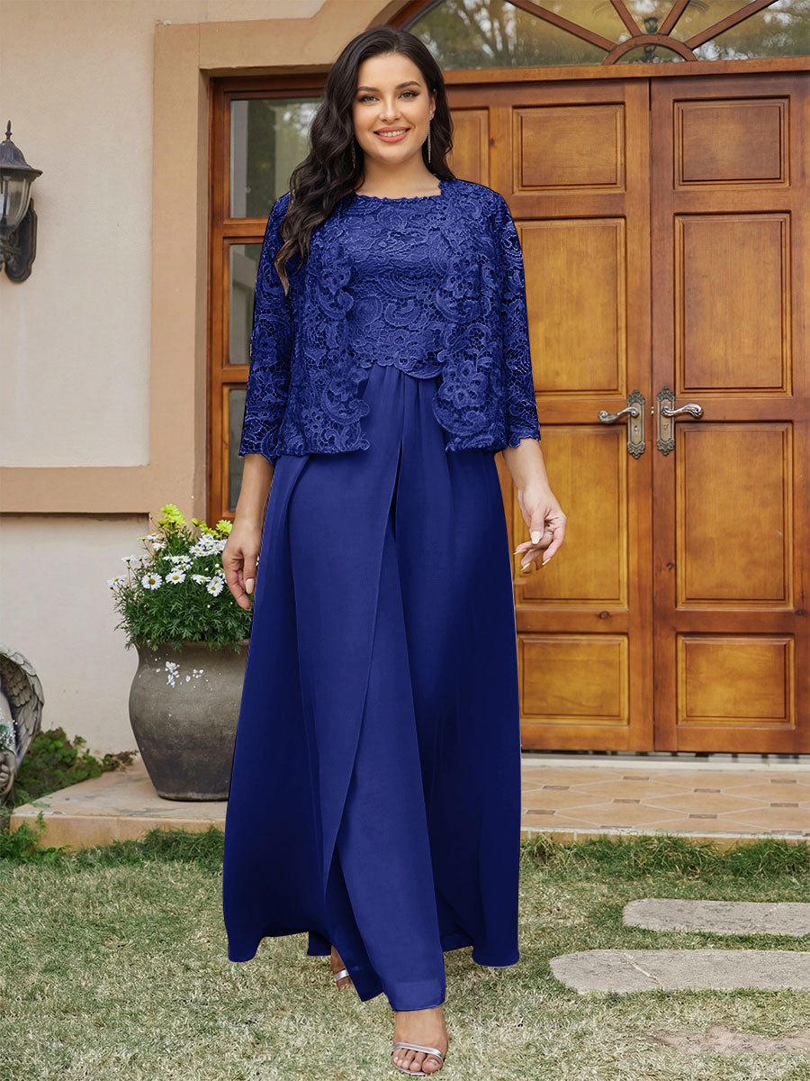 Lace Chiffon Square Neck 3/4 Sleeves 3 Pieces Plus Size Pantsuits with Appliques &amp; Jacket