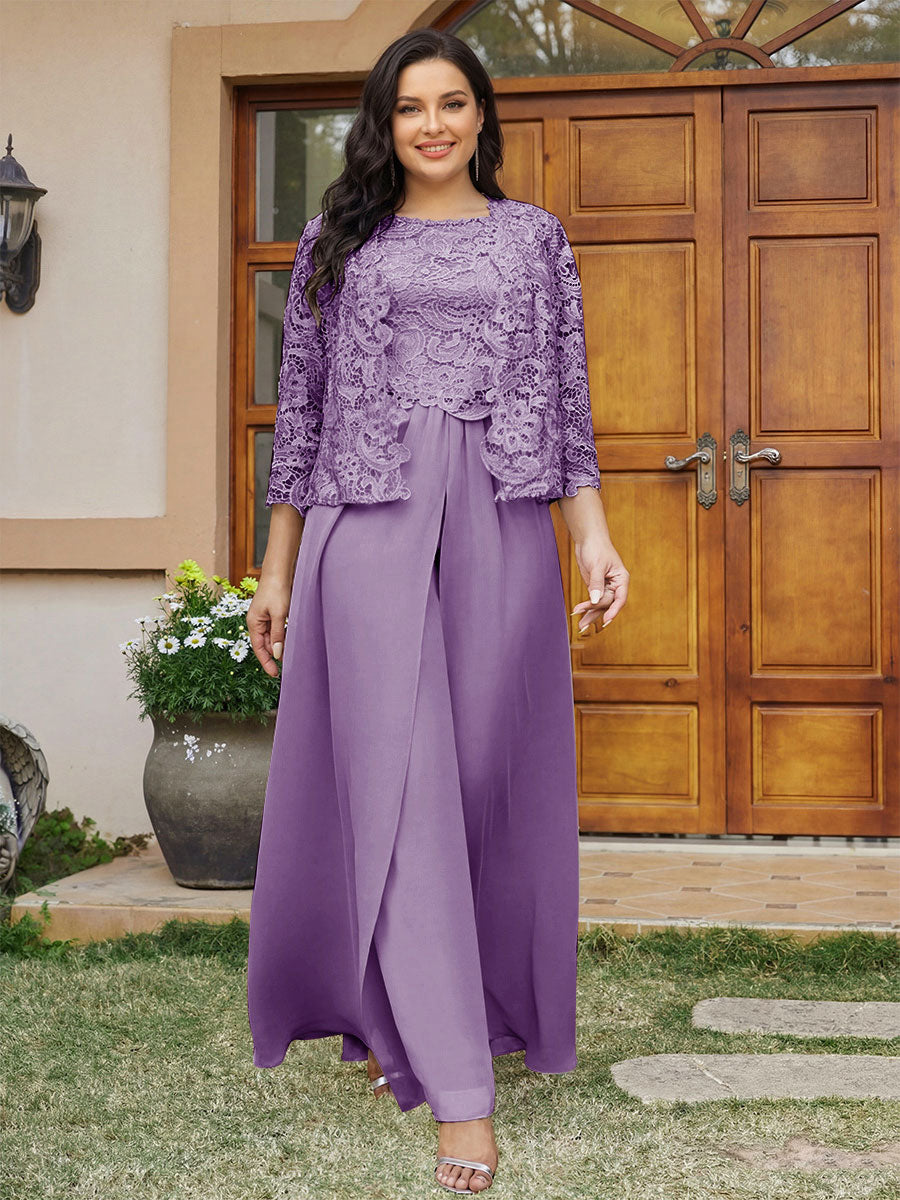 Lace Chiffon Square Neck 3/4 Sleeves 3 Pieces Plus Size Pantsuits with Appliques & Jacket