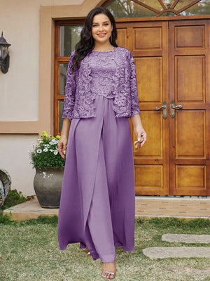 Lace Chiffon Square Neck 3/4 Sleeves 3 Pieces Plus Size Pantsuits with Appliques & Jacket