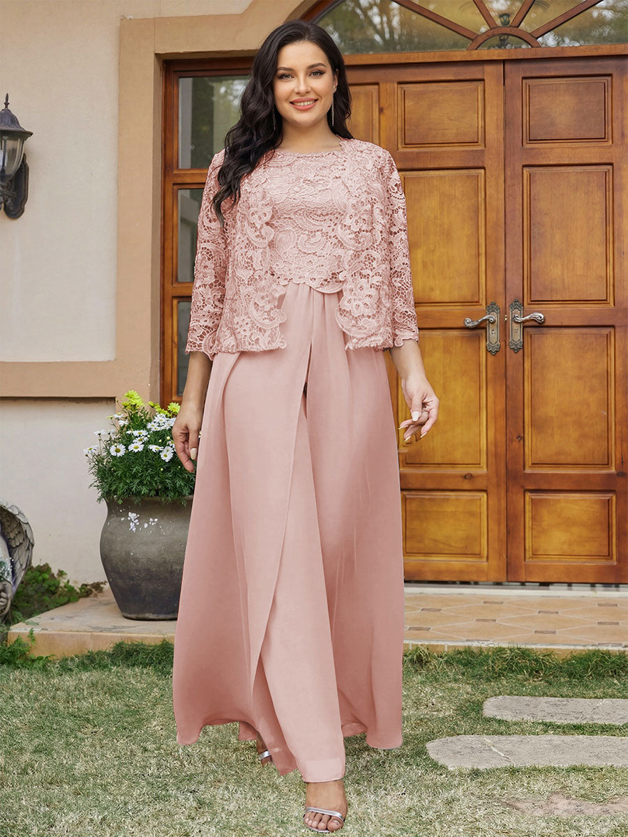 Lace Chiffon Square Neck 3/4 Sleeves 3 Pieces Plus Size Pantsuits with Appliques & Jacket