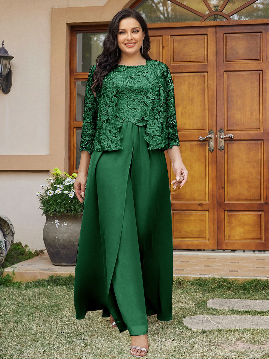 Lace Chiffon Square Neck 3/4 Sleeves 3 Pieces Plus Size Pantsuits with Appliques &amp; Jacket