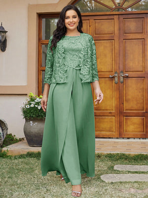 Lace Chiffon Square Neck 3/4 Sleeves 3 Pieces Plus Size Pantsuits with Appliques & Jacket