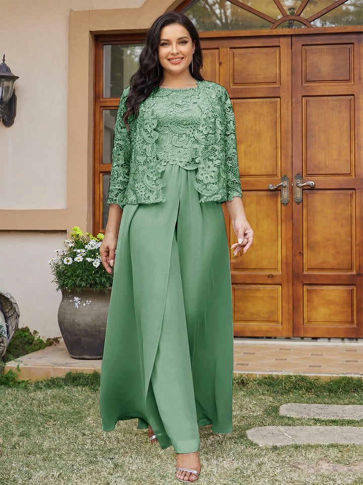 Lace Chiffon Square Neck 3/4 Sleeves 3 Pieces Plus Size Pantsuits with Appliques &amp; Jacket