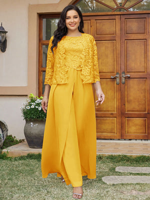 Lace Chiffon Square Neck 3/4 Sleeves 3 Pieces Plus Size Pantsuits with Appliques & Jacket