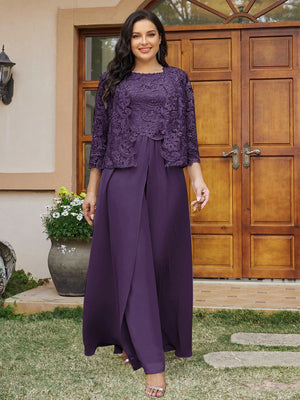 Lace Chiffon Square Neck 3/4 Sleeves 3 Pieces Plus Size Pantsuits with Appliques & Jacket