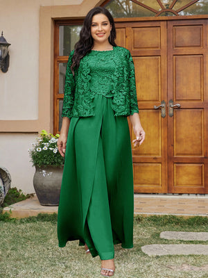 Lace Chiffon Square Neck 3/4 Sleeves 3 Pieces Plus Size Pantsuits with Appliques & Jacket