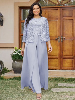 Lace Chiffon Square Neck 3/4 Sleeves 3 Pieces Plus Size Pantsuits with Appliques & Jacket