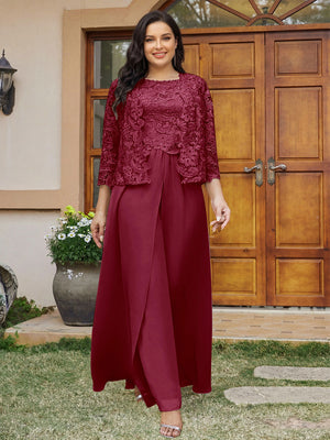 Lace Chiffon Square Neck 3/4 Sleeves 3 Pieces Plus Size Pantsuits with Appliques & Jacket