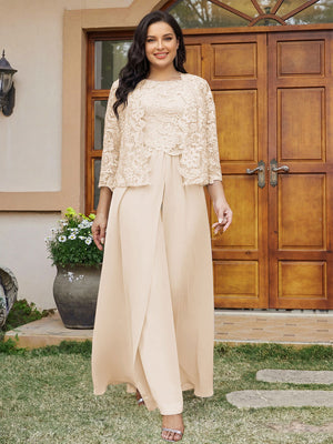 Lace Chiffon Square Neck 3/4 Sleeves 3 Pieces Plus Size Pantsuits with Appliques & Jacket