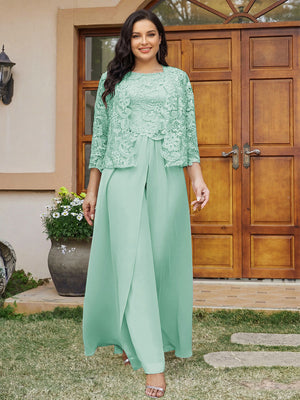 Lace Chiffon Square Neck 3/4 Sleeves 3 Pieces Plus Size Pantsuits with Appliques & Jacket
