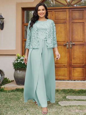 Lace Chiffon Square Neck 3/4 Sleeves 3 Pieces Plus Size Pantsuits with Appliques & Jacket