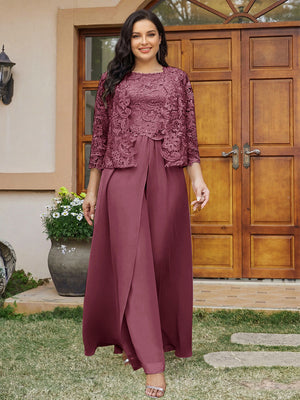 Lace Chiffon Square Neck 3/4 Sleeves 3 Pieces Plus Size Pantsuits with Appliques & Jacket
