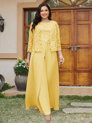 Lace Chiffon Square Neck 3/4 Sleeves 3 Pieces Plus Size Pantsuits with Appliques & Jacket