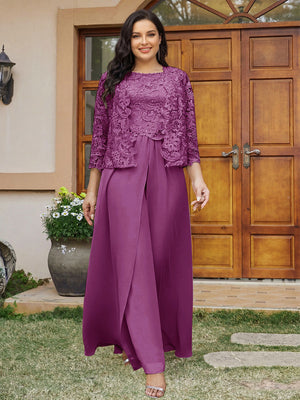 Lace Chiffon Square Neck 3/4 Sleeves 3 Pieces Plus Size Pantsuits with Appliques & Jacket