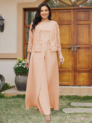 Lace Chiffon Square Neck 3/4 Sleeves 3 Pieces Plus Size Pantsuits with Appliques & Jacket