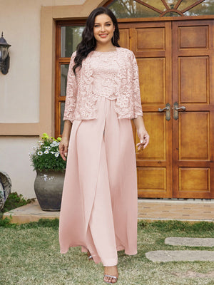 Lace Chiffon Square Neck 3/4 Sleeves 3 Pieces Plus Size Pantsuits with Appliques & Jacket