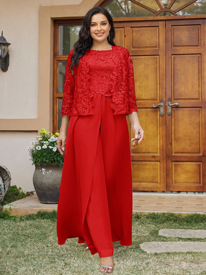 Lace Chiffon Square Neck 3/4 Sleeves 3 Pieces Plus Size Pantsuits with Appliques &amp; Jacket