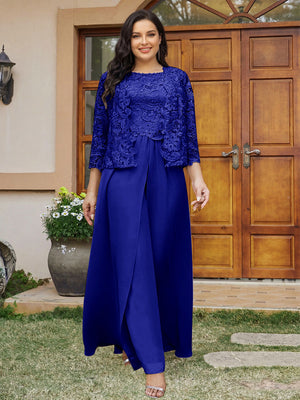 Lace Chiffon Square Neck 3/4 Sleeves 3 Pieces Plus Size Pantsuits with Appliques & Jacket