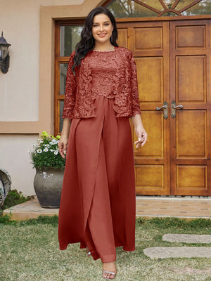 Lace Chiffon Square Neck 3/4 Sleeves 3 Pieces Plus Size Pantsuits with Appliques & Jacket