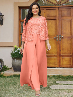 Lace Chiffon Square Neck 3/4 Sleeves 3 Pieces Plus Size Pantsuits with Appliques & Jacket
