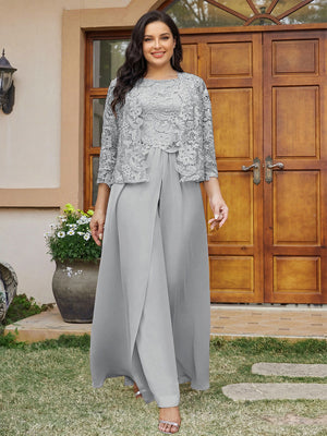 Lace Chiffon Square Neck 3/4 Sleeves 3 Pieces Plus Size Pantsuits with Appliques & Jacket