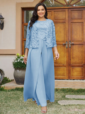 Lace Chiffon Square Neck 3/4 Sleeves 3 Pieces Plus Size Pantsuits with Appliques & Jacket