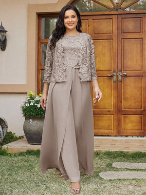 Lace Chiffon Square Neck 3/4 Sleeves 3 Pieces Plus Size Pantsuits with Appliques & Jacket